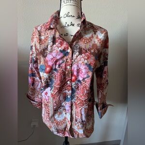 Chico’s No Iron Floral Print collage shirt Women's Top pink blue rust 1.5 12